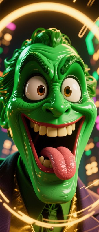 Close-up of a glossy green cartoon Joker with wide eyes, grinning teeth and tongue out amid neon lights