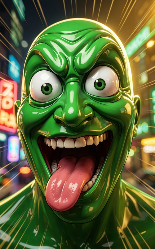 Close-up of a glossy green cartoon character with bulging eyes, a wide grin, and tongue sticking out in a neon city street.