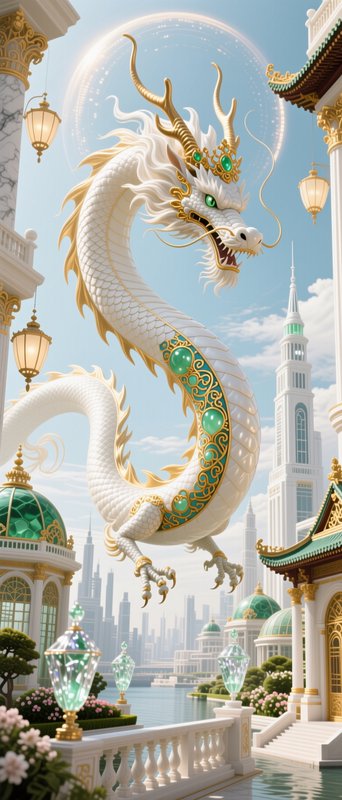 White dragon with emerald gems winds above an ornate Asian-inspired terrace.