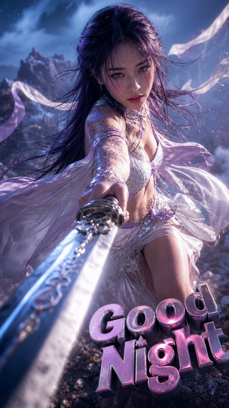 Woman in a flowing silver fantasy costume wielding a sword at night with "Good Night" text.