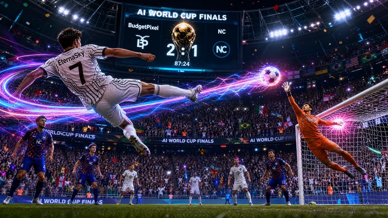 Soccer player in white jersey kicks toward goal as goalkeeper dives; neon light trails swirl in a packed stadium.