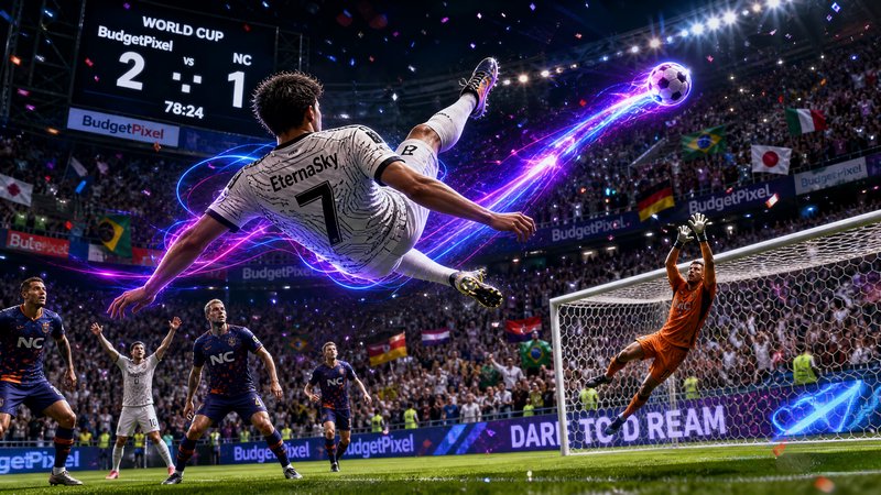 Soccer player executes a dramatic bicycle kick toward the goal as the goalkeeper dives.