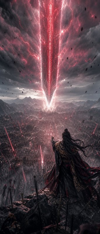 Dark armored warrior overlooks a colossal crimson energy beam striking a ruined battlefield.