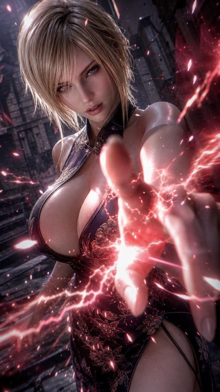Hyperrealistic blonde fantasy heroine casting glowing red lightning magic, reaching toward the viewer in a dark ruined city