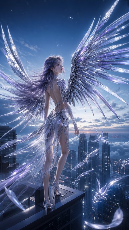 Winged fantasy woman with crystalline silver-purple wings stands on a skyscraper rooftop above a city at twilight