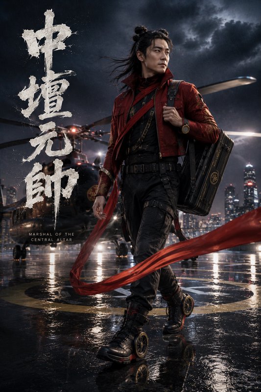 Cinematic fantasy poster of Marshal of the Central Altar, reimagined Nezha standing on a rain-soaked night city helipad