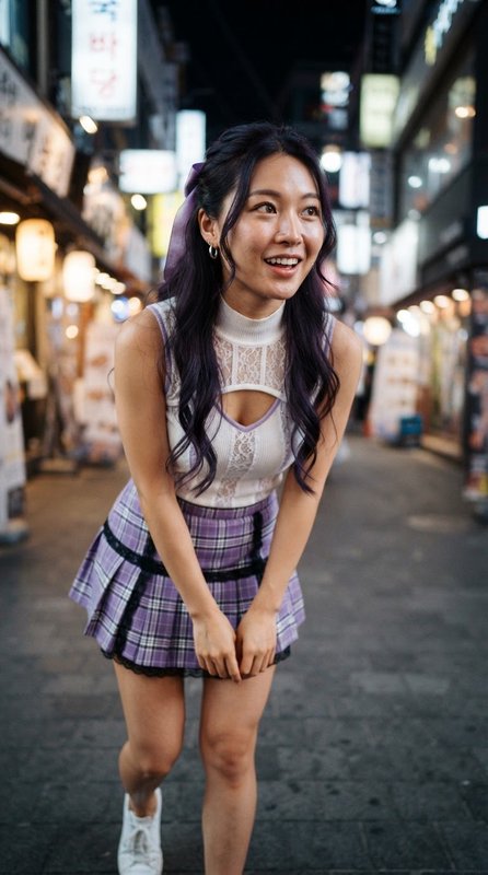Smiling young East Asian woman with purple hair poses on a lit Seoul night street in a pastel purple outfit.