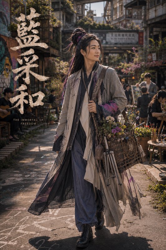 Poster of mythical Lan Caihe walking a sunlit urban market carrying an artist basket of flowers and supplies