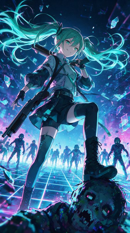 4K ultra polished cel-shaded anime, visual language in the style of Project SEKAI, cinematic dynamic low-angle wide shot. A female protagonist character with teal-green twin ponytails, facial features similar to Hatsune Miku, stands proud with a sharp defiant half-smirk, wind whipping glowing cyan twin tails. Scuffed cyber uniform marked with faint static smudges, heavy pump-action shotgun slung loose over one shoulder, one combat boot planted firm atop a glitching digital zombie. Behind her, a distant horde of twitching pixelated zombies looms in a SEKAI-style digital void: glowing neon grid flooring, floating cracked data shards, thin rolling static haze. Dramatic cyan + magenta rim lighting, hard crisp cinematic shadows, electric neon palette, tense triumphant atmosphere, subtle clean digital grain, sharp cel linework, perfectly balanced framing.