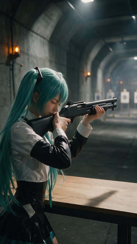 Cinematic photorealistic 4K action photograph, eye-level over-the-shoulder framing. Hatsune Miku as a focused young Japanese woman, signature turquoise twin tails, fitted iconic black-and-white vocaloid uniform, standing in a dim indoor concrete shooting range. She holds a matte black tactical 12-gauge shotgun, cheek welded firmly, one eye closed aiming down iron sights, quiet determined expression, faint wisp of fresh gunsmoke curling at the muzzle. Soft overhead range floodlights, warm amber safety beacons, blurred paper target stands receding into hazy background. Sharp depth of field locked on her face and sights, cool grey concrete textures, dramatic cinematic side lighting, subtle film grain, ultra-detailed surface textures, professional action photography aesthetic.