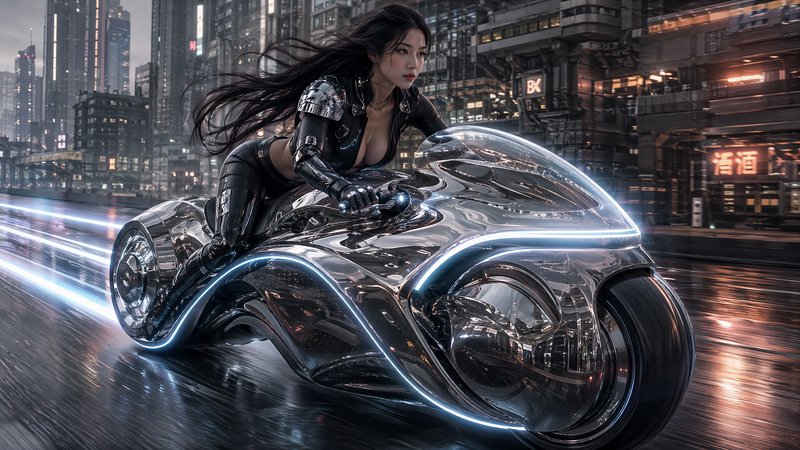 East Asian female cyberpunk rider speeding on a glowing chrome futuristic motorcycle through a rainy neon cityscape