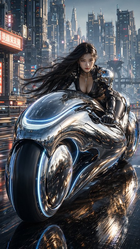 [Stoic cyberpunk female rider leans over a glowing chrome futuristic motorcycle on a rain-slicked neon city street]