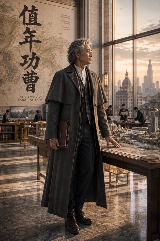 [Distinguished gray-haired senior East Asian man in a long coat stands in a grand urban planning office at golden sunset]