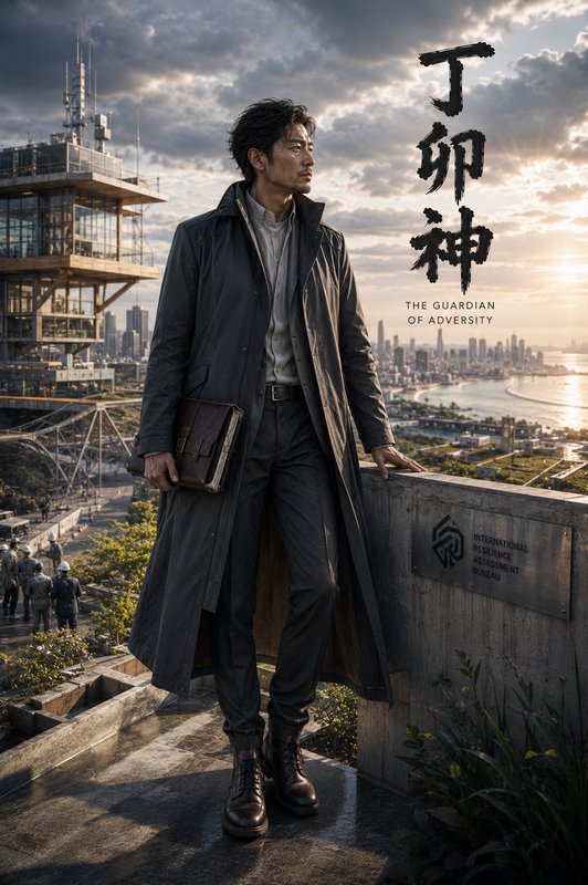 Stoic East Asian man in a long trench coat stands on a rooftop overlooking a futuristic coastal city, cinematic movie post...