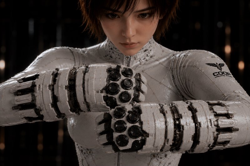 Futuristic female cyborg in a white tactical suit holds crossed robotic fists in a combat ready stance