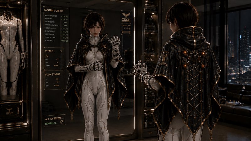 Futuristic female cyborg in a glossy white exosuit and gold-trimmed black cape checks her reflection in a high-tech lab