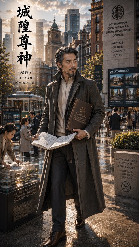 Modern reimagined City God (Chenghuang) holds books at a sunlit urban heritage event plaza, city skyline backdrop