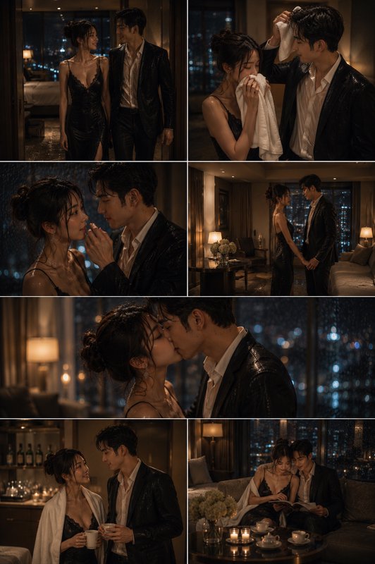 8-panel collage of tender romantic moments between an elegant couple in a luxury high-rise apartment on a rainy night