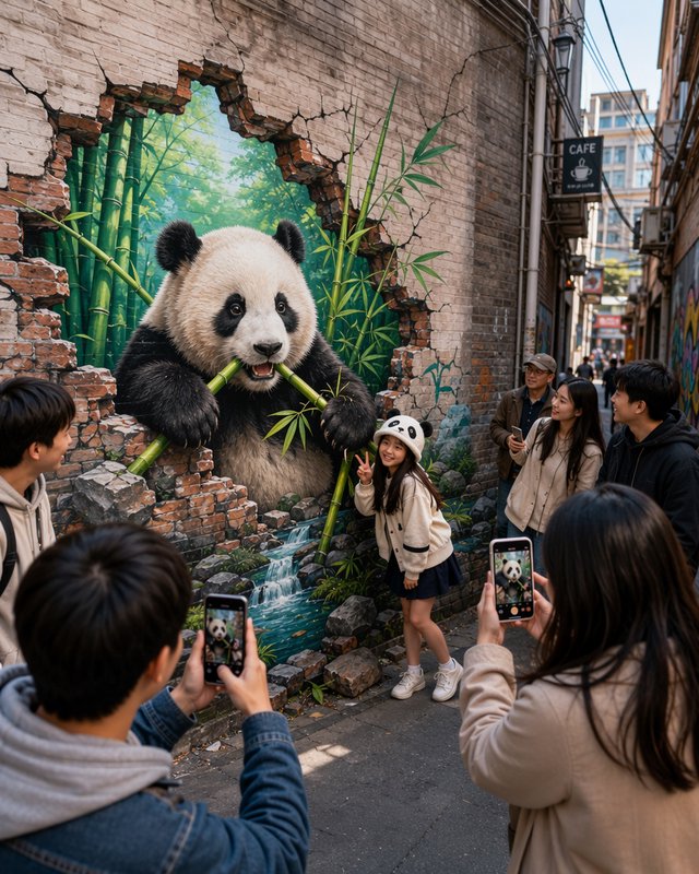 [Tourists take photos beside a hyperrealistic 3D panda mural appearing to break through a city alley brick wall.]