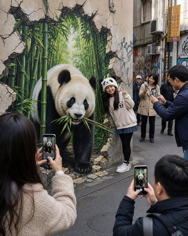 Visitors take photos next to a hyperrealistic 3D wall mural of a giant panda emerging from a cracked urban wall into bamboo.
