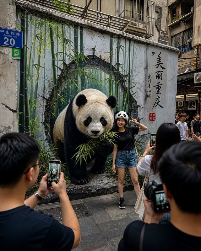 Visitors take photos beside a lifelike giant panda 3D art installation on a Chongqing street with a bamboo mural backdrop.