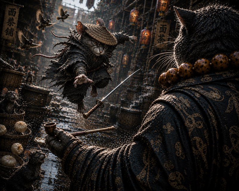 Anthropomorphic ronin cat leaps mid-attack toward a larger feline opponent, katana mid-air in a rainy East Asian market