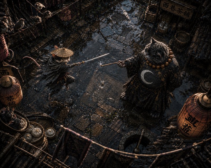 [Top-down view of a straw-hatted mouse samurai dueling a robed cat monk on a rainy East Asian village market street]