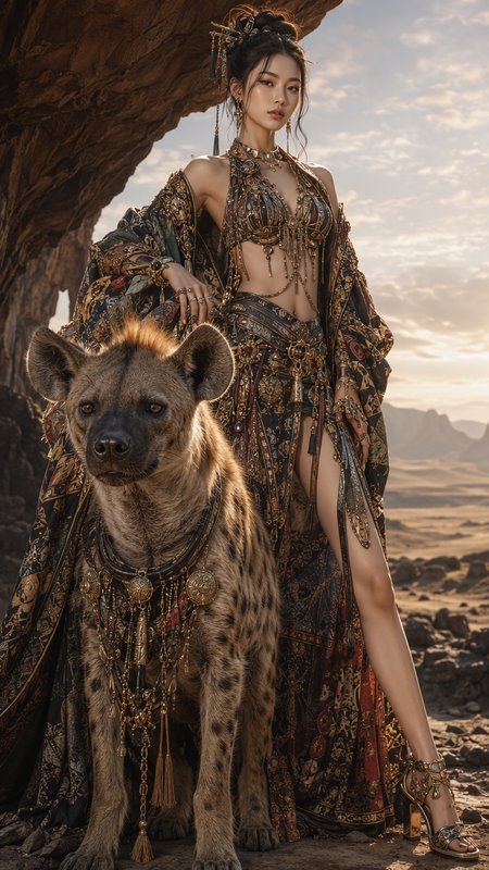 Ornately dressed fantasy desert queen stands with a bejeweled spotted hyena beneath a rocky cliff at golden hour.