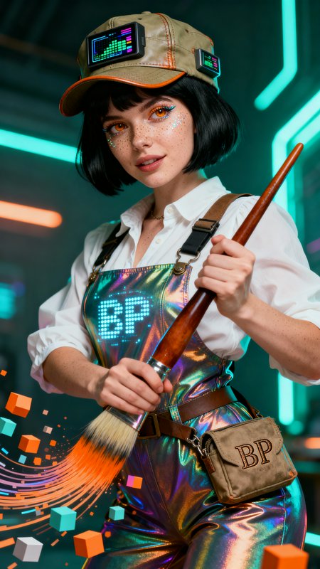 Cyberpunk female artist with augmented tech cap holds a giant paintbrush, with floating digital cubes against neon