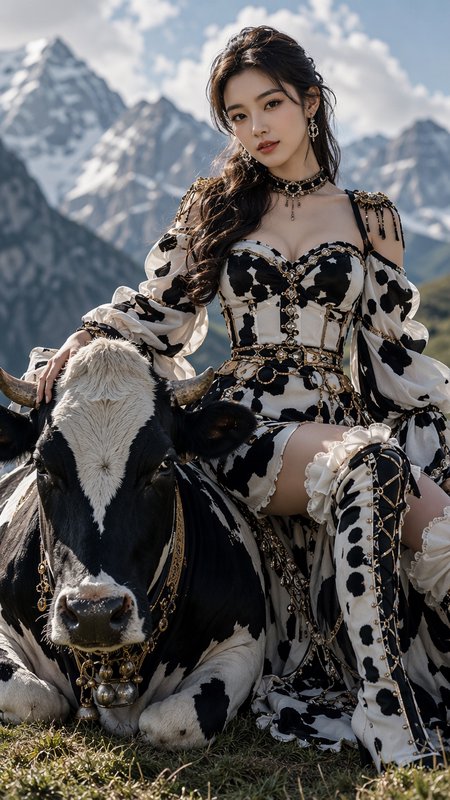 Glamorous woman in an ornate cow-print gown rests her hand on a decorated Holstein cow against snow-capped alpine mountains