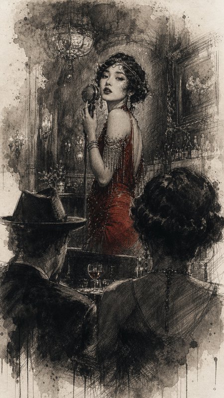 Monochrome ink sketch with red accent of a 1920s flapper singer performing for speakeasy patrons