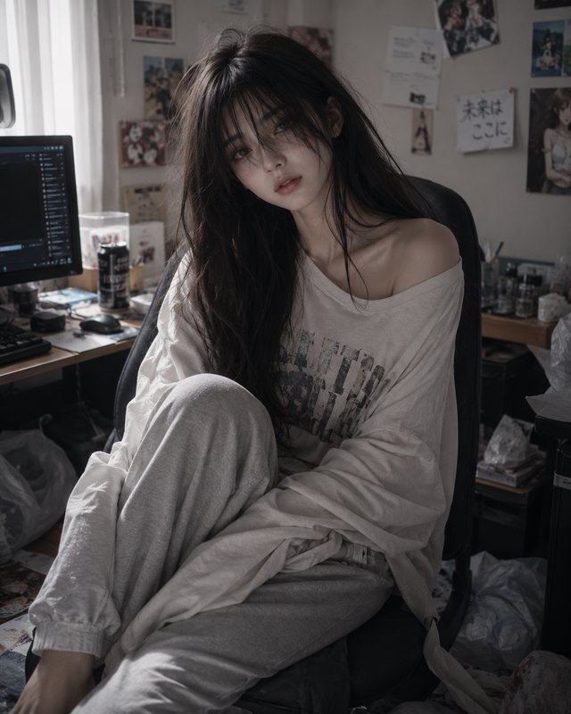 Young woman with messy long dark hair sits casually in an office chair in a cluttered cozy home workspace, soft moody