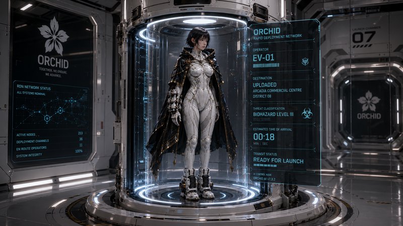 Female cybernetic operator EV-01 stands in a glowing transparent launch pod inside a futuristic ORCHID sci-fi