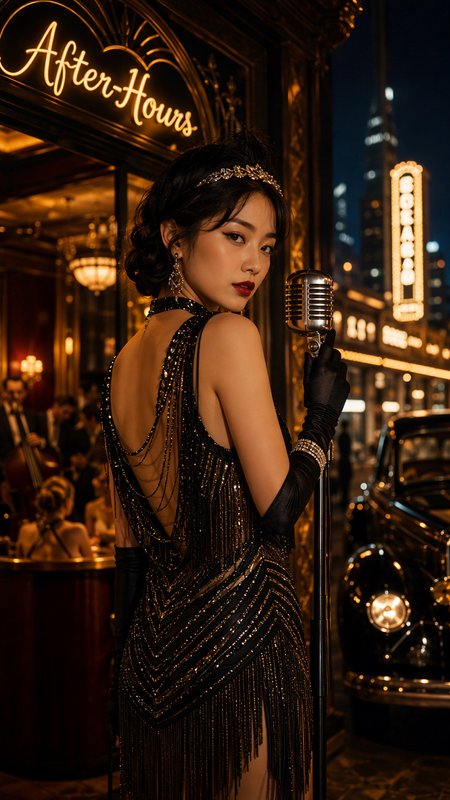 Glamorous 1920s flapper singer holding a vintage mic outside a glowing art deco After-Hours jazz club at night.