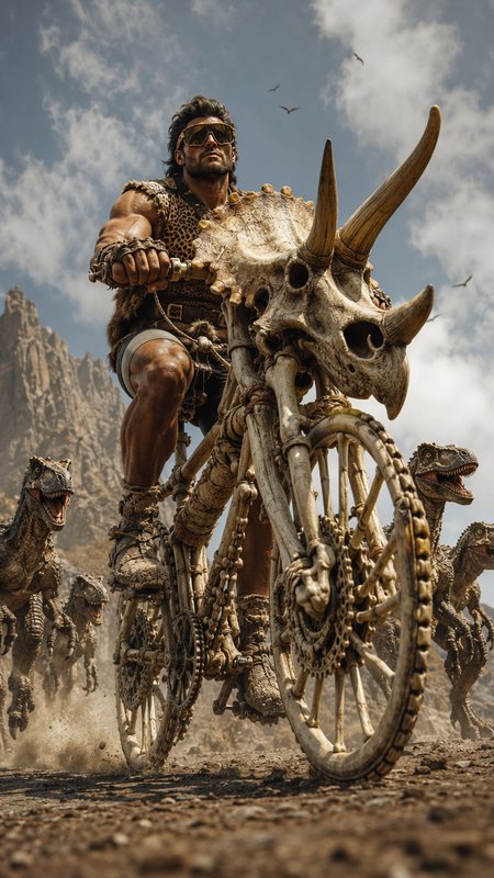 Muscular caveman in sunglasses rides a triceratops skeleton bike, chased by velociraptors across rocky prehistoric terrain