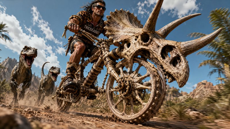 Rider on triceratops skeleton bicycle chased by velociraptors across prehistoric desert terrain