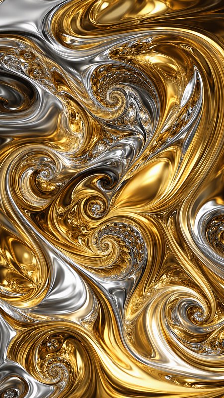 Glossy swirling abstract fractal with flowing interwoven polished gold and silver metallic spiral patterns