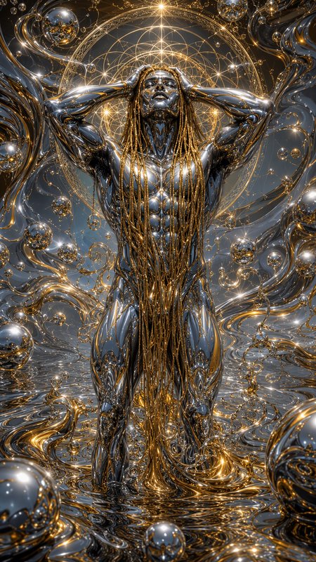 Polished chrome muscular humanoid with gold dreadlocks stands in swirling liquid silver and gold below a glowing sacred
