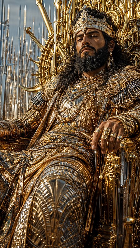 Regal bearded fantasy king in gilded royal armor and jeweled crown sits on an ornate golden sword throne, spear line