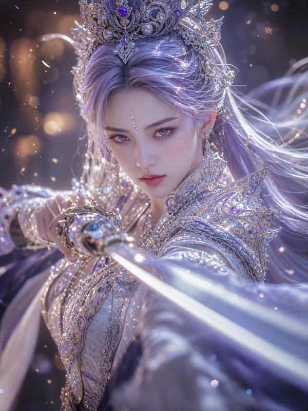 Fantasy warrior queen with lavender hair, jeweled silver crown, holds a glowing enchanted sword toward the viewer