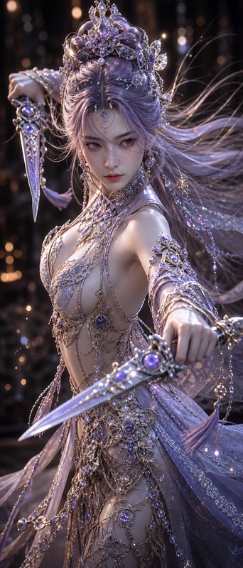 Fierce fantasy warrior queen with lavender hair holds two gemmed daggers, wearing ornate amethyst regalia against a dark