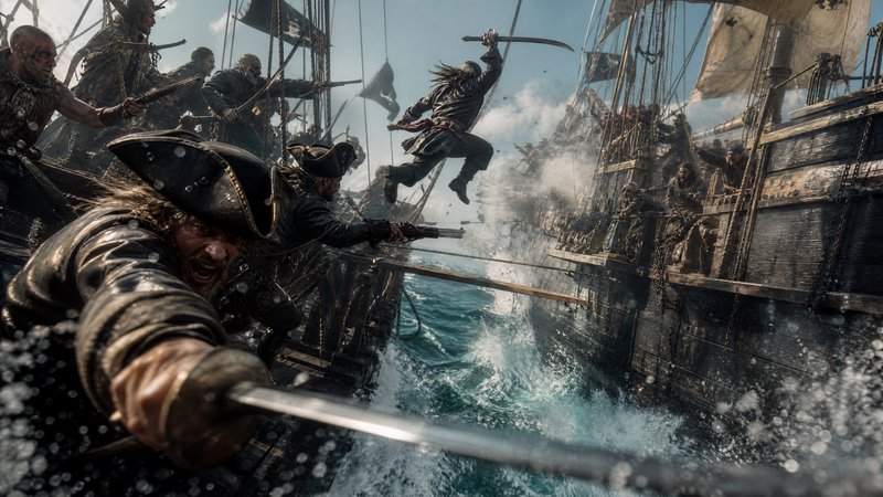 Chaotic pirate sea battle: a pirate leaps mid-air between opposing wooden tall ships amid sword fights and crashing