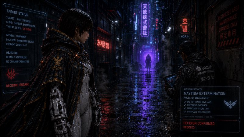 Cyberpunk scene: tactical cyborg operative stands in rain-soaked neon alley, facing a silhouetted target with floating