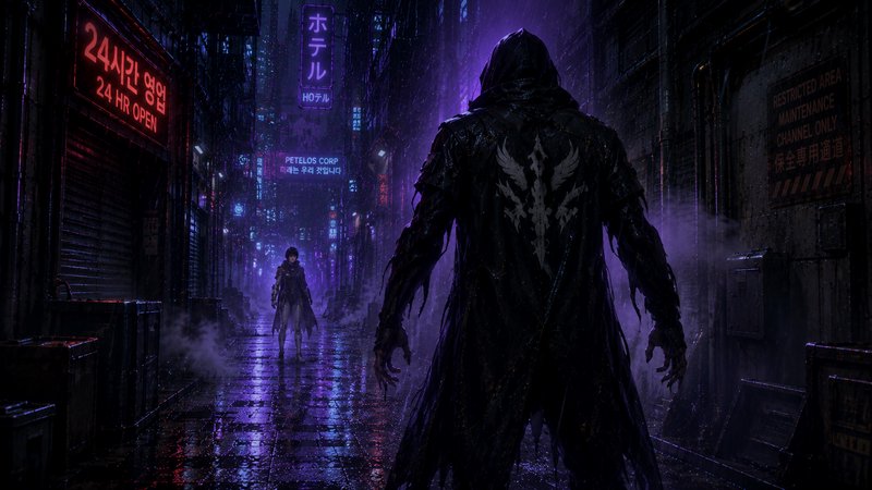 [Towering hooded fantasy entity faces an armored warrior in a rain-slicked neon cyberpunk alley at misty night]