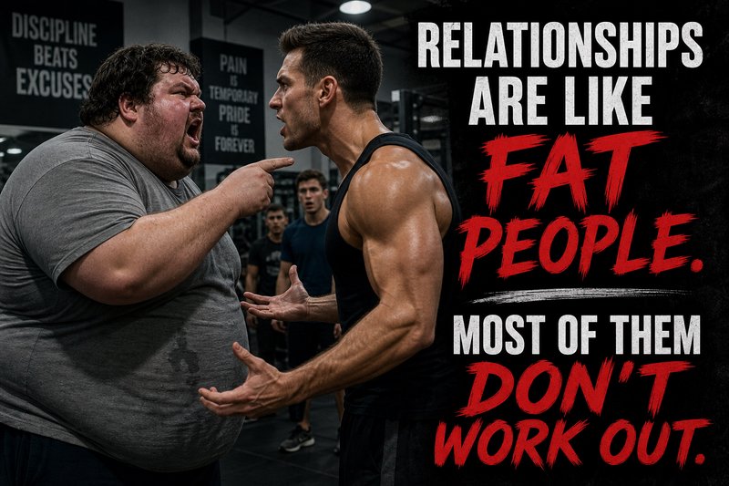 Humorous gym meme of two men arguing in a fitness center, featuring a pun joke about relationships and working out