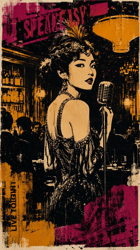 Vintage grunge poster of a 1920s flapper jazz singer performing at a prohibition speakeasy holding a retro microphone
