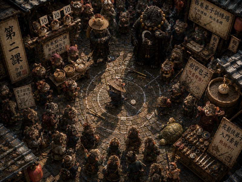 Aerial view of anthropomorphic mouse samurai crowds gathered around a trainee practicing sword skills in a fantasy East