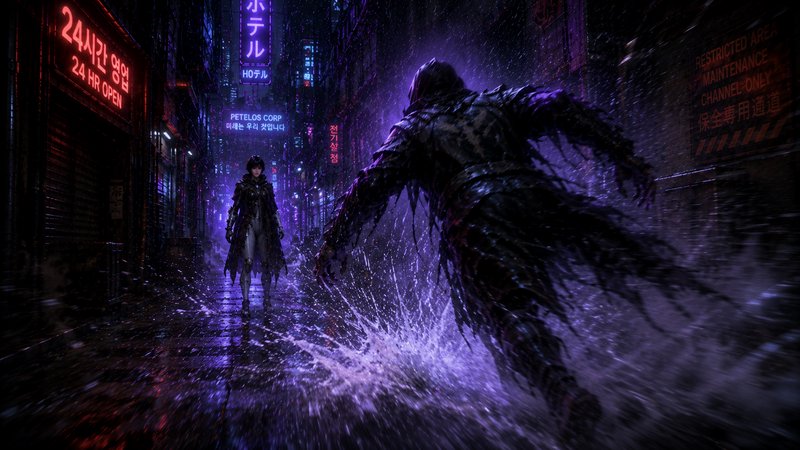 Cyberpunk female warrior faces a charging shadow monster in a rain-soaked neon lit city alley