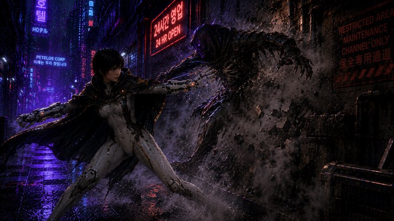 [Cyborg female warrior battles a clawed shadow monster in a rainy neon-lit cyberpunk city alley at night]