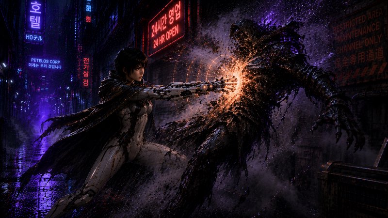 Female cyberpunk cyborg lands a glowing mechanical punch on a dark hooded monster in a rainy neon city alley
